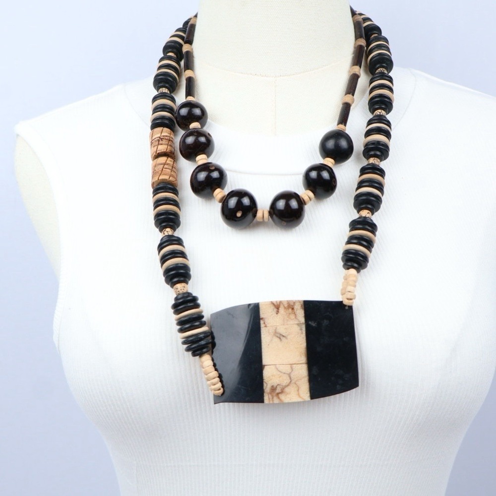 Boho Tribal Style Ethnic Wood Statement Chunky Jewelry Lot (16) Black Brown - Picture 4 of 12